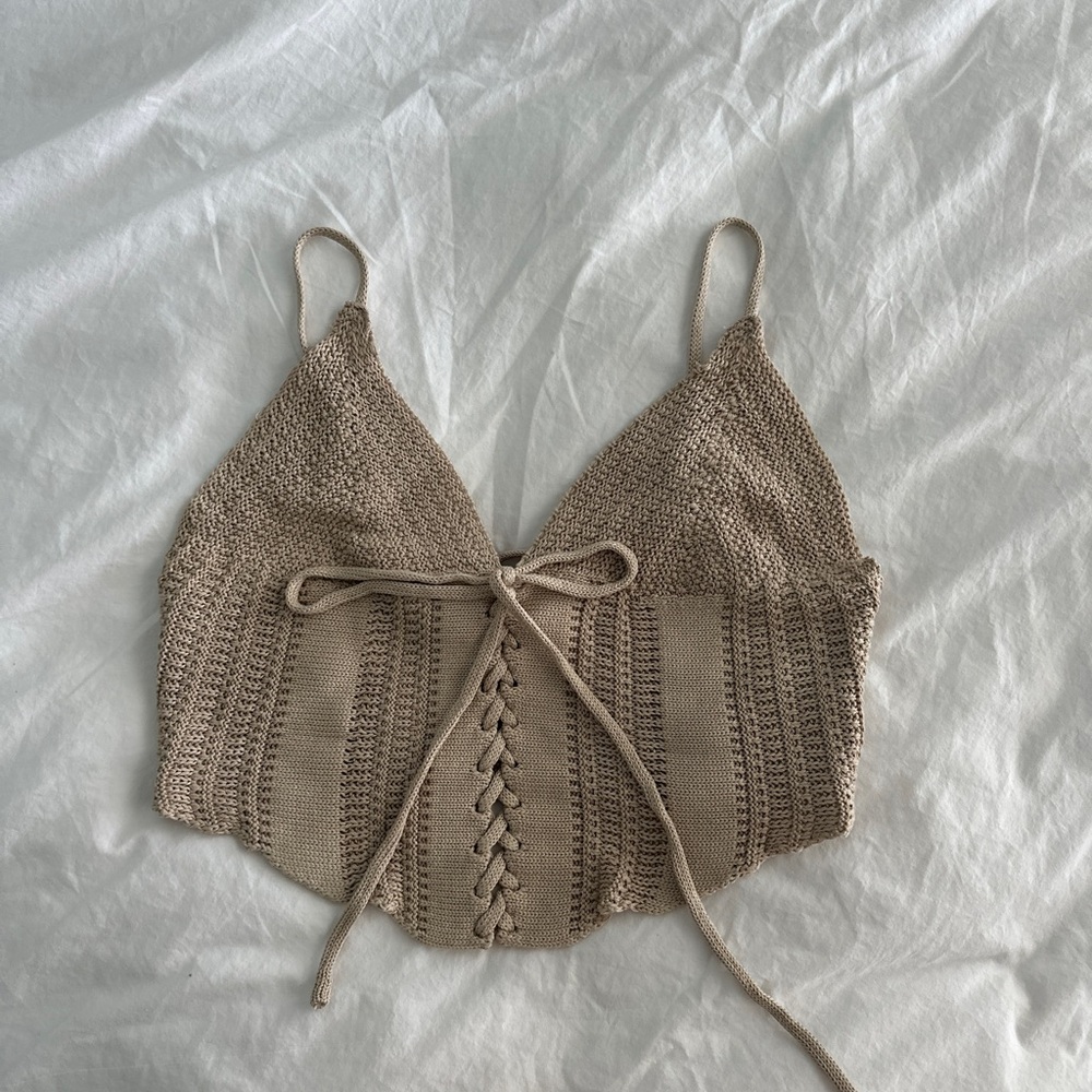 Beige Crochet Crop Top with Lace-Up Detail